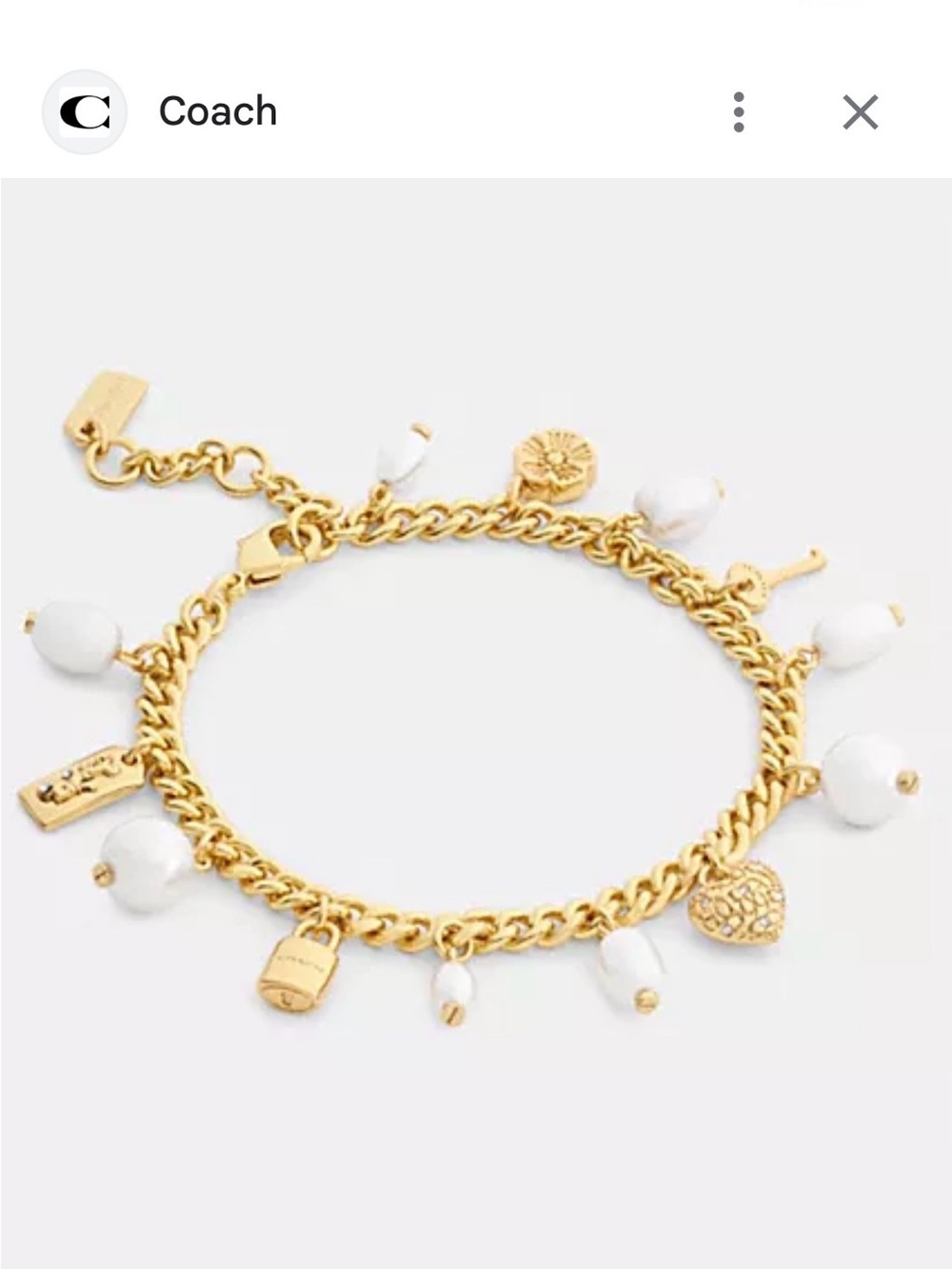 Coach Gold Charm Bracelet with White Bead Accents